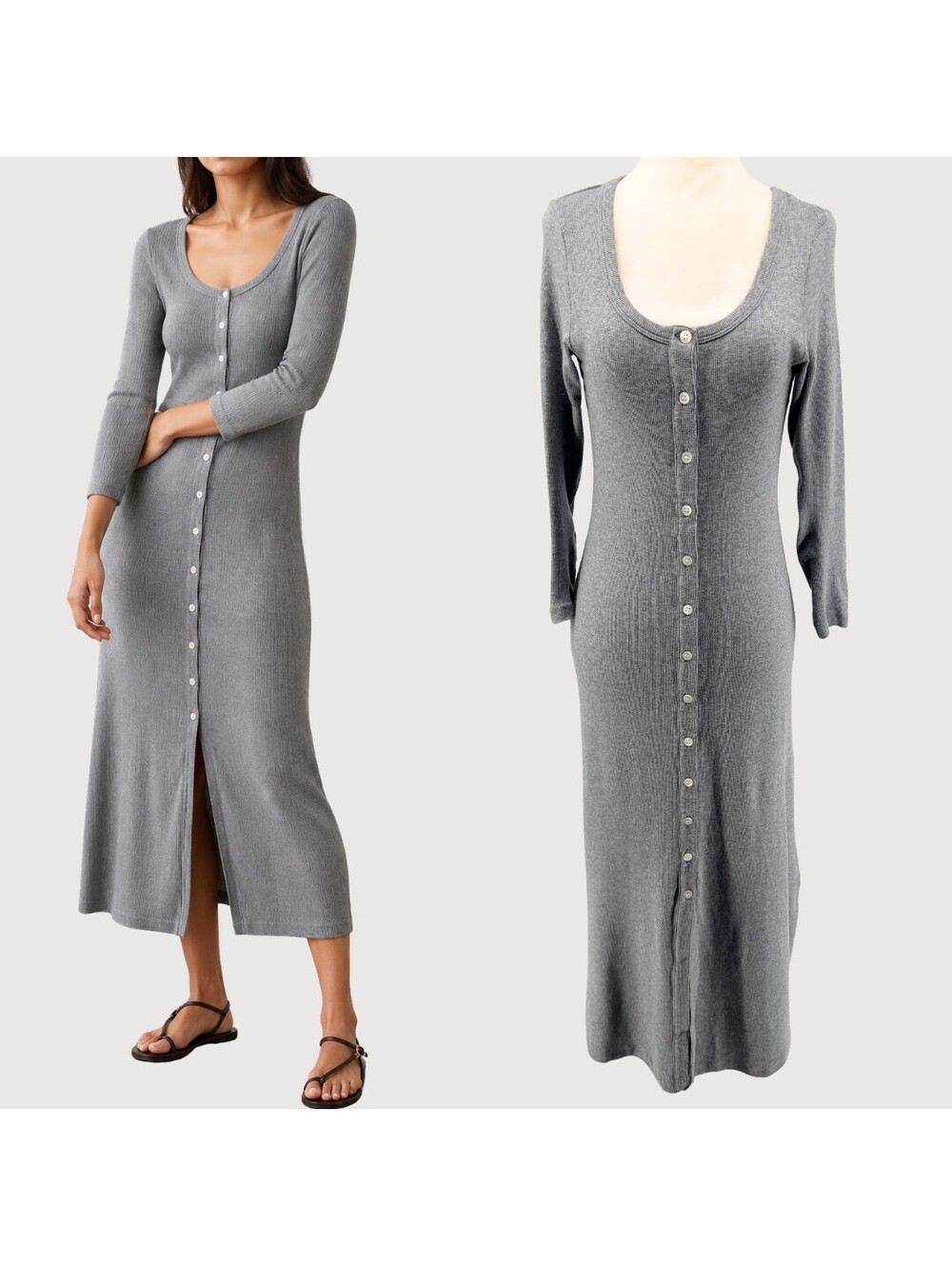 AYR The "It" Girl Ribbed Button Front Midi Dress Gray S